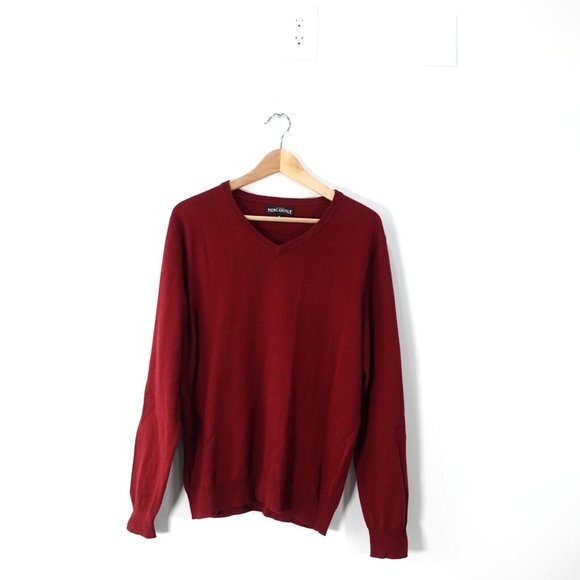 Burgundy V Neck Sweater Men Medium Wool Knit Pullover Jumper L/S Triblend J CREW - Picture 1 of 8